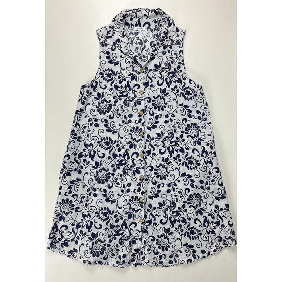 Just Cover Me Navy Blue/White Floral Print Sleeveless Dress Size L With Pockets - Picture 1 of 12